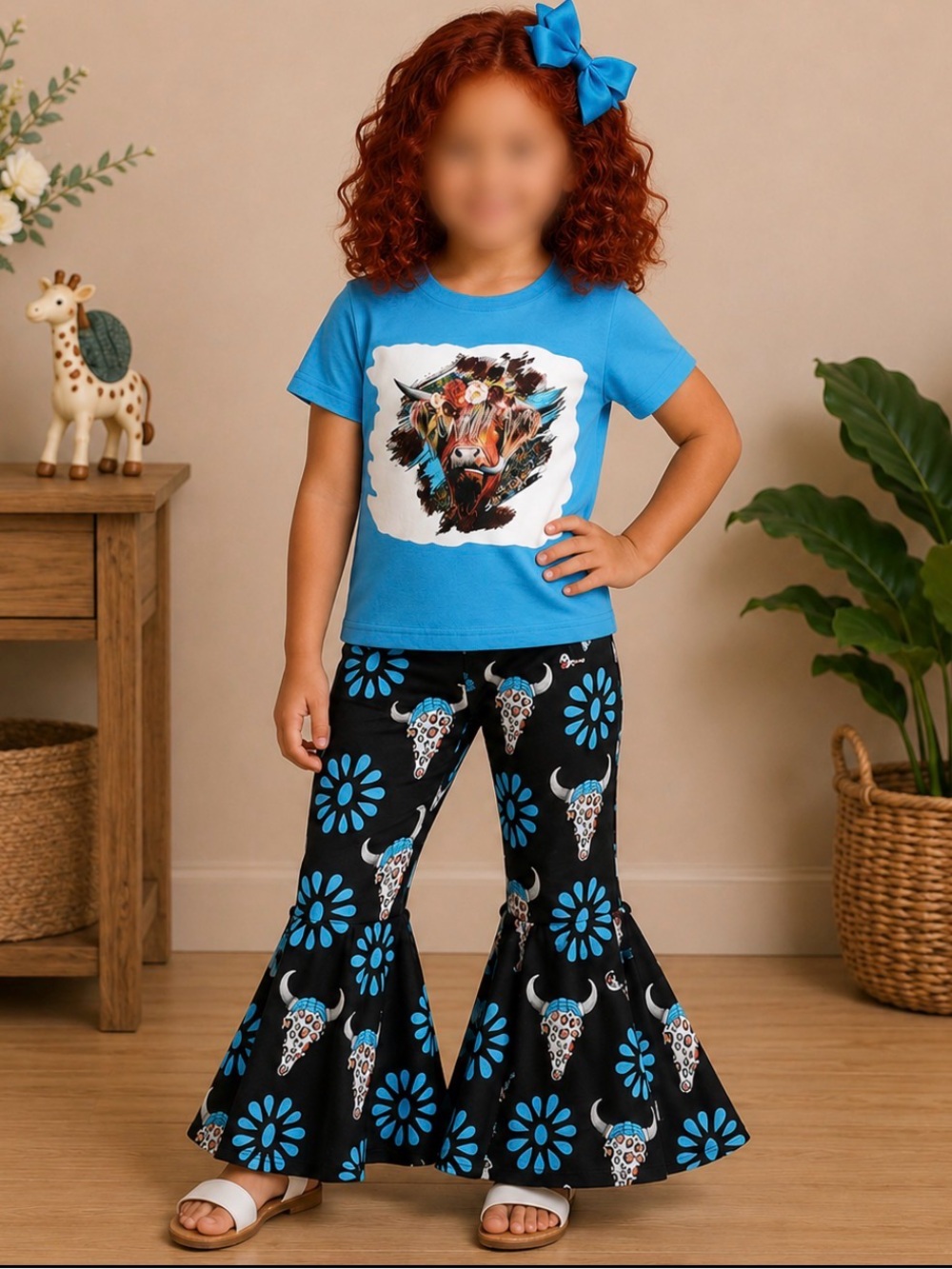 Girls Boutique Turquoise Highland Cow Graphic Top & Bell Bottom Flare Pants Set